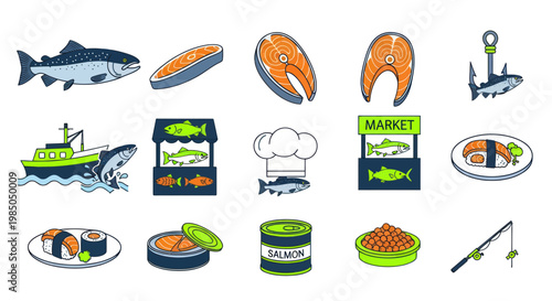 Salmon Fishing and Seafood Market Icons Set: Fish, Sushi, Canned Food, Fishing Rod