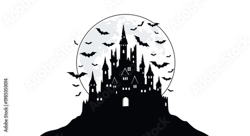 Silhouette of a haunted castle with bats flying in front of a full moon