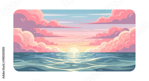 Pixel Art Sunset Over Ocean with Pink Clouds and Calm Water