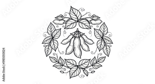 Soybean Pods and Leaves Circle Wreath Illustration - Hand-drawn Sketch