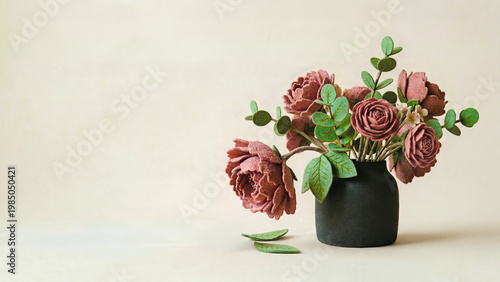 Handcrafted felt red rose flower arrangement featuring pink roses and ochre ranunculus in a black ceramic vase. A minimalist still life with negative space on a beige background for commercial copy.