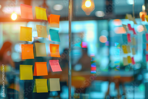 colorful ceative sticky note from business teamwork on brainstorming board in front of meeting room office.