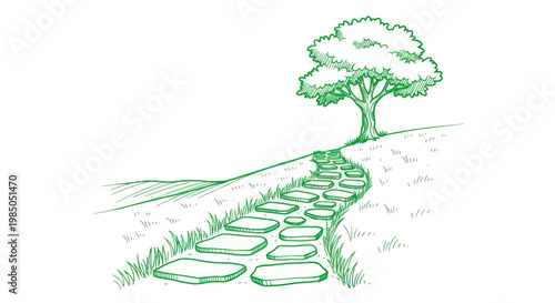 Stone Path Winding Uphill Towards Lone Tree on Grassy Hillside, Sketch Style