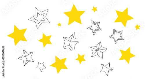 Yellow and Outline Hand-Drawn Stars Scattered on White Background