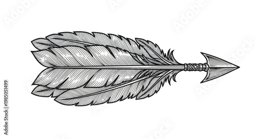 Vintage Feather Arrow Illustration, Tribal Style, Hand-Drawn Sketch