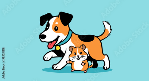 Dog and hamster standing together outside.