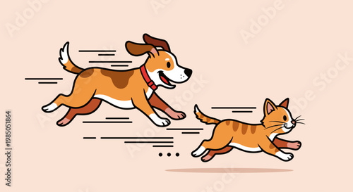 Dog and cat running together fast.