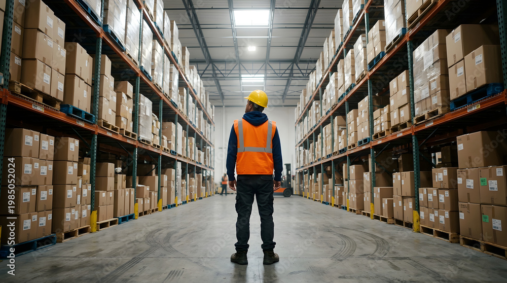 Fototapeta premium Warehouse interior with worker and storage boxes