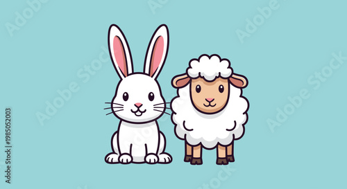 Cute cartoon rabbit and sheep friends.