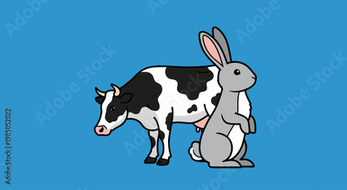Cow and rabbit standing side by side.