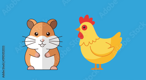 Cartoon hamster and chicken standing.