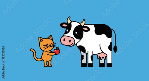 Cartoon cat and cow standing together.