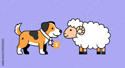 Dog and Sheep Cartoon Friends Together.