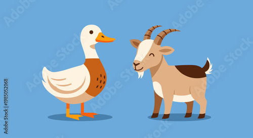 Goat and Duck Facing Each Other.