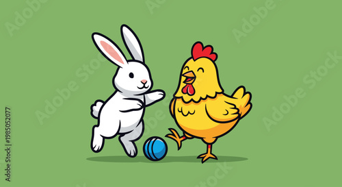 White rabbit and yellow chicken playing.