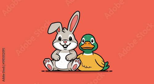 Cute cartoon rabbit and duck sitting.