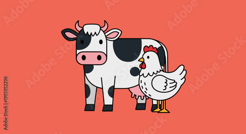 Cartoon cow and chicken standing together.