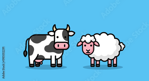 Cartoon cow and sheep standing together.