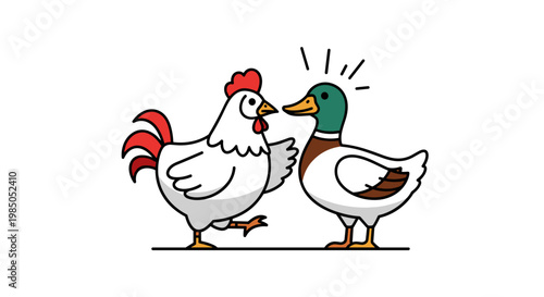 Rooster and Duck Facing Each Other.