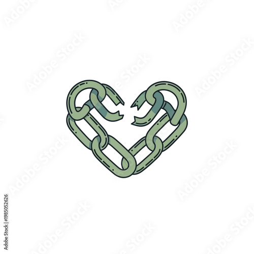 Flat design illustration of a heart made from broken chain links, symbolizing a fractured relationship, emotional pain, and the concept of separation or disconnection