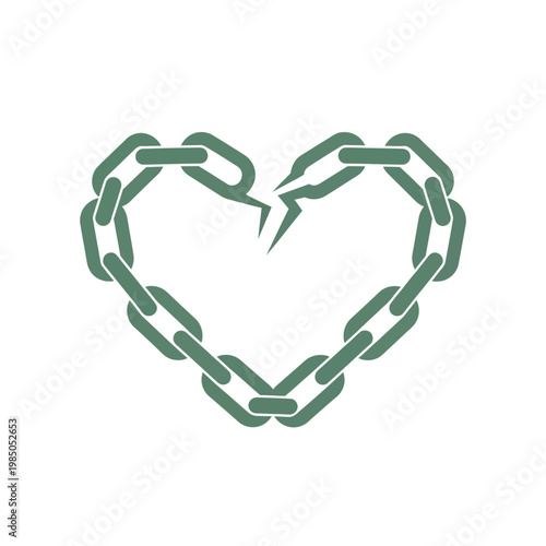 Broken heart shaped chain symbolizing a fractured relationship or emotional damage, represented in a flat, elegant design