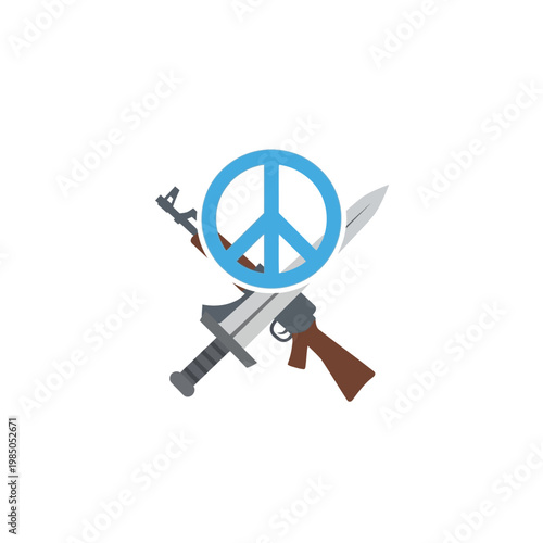 Symbol of peace with crossed weapons and rifle, representing anti-war and anti-violence concepts