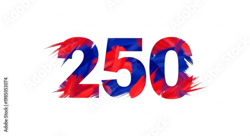 A vibrant vector graphic illustration of the number 250 in bold, red and blue brush strokes on a white background