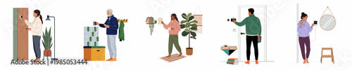Quadro su tela Diverse people interacting with various smart home technologies, using digital control panels and mobile apps to manage security, temperature, and home automation systems