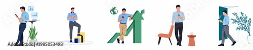 Set of flat vector illustrations of a businessman using his smartphone in various office scenarios related to work, growth, and professional connectivity.
