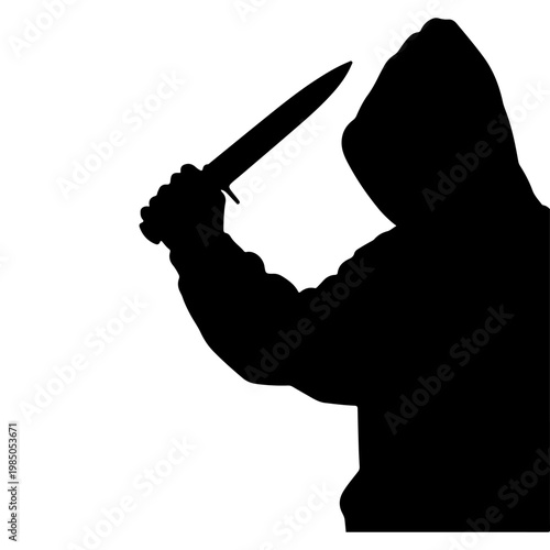 Silhouette of a person in a hoodie holding a knife.