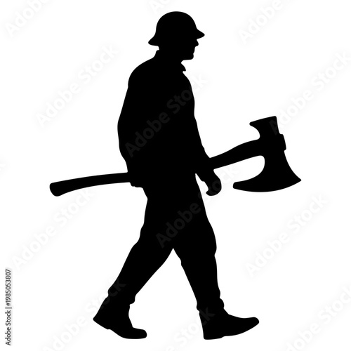 Silhouette of a lumberjack carrying an axe.