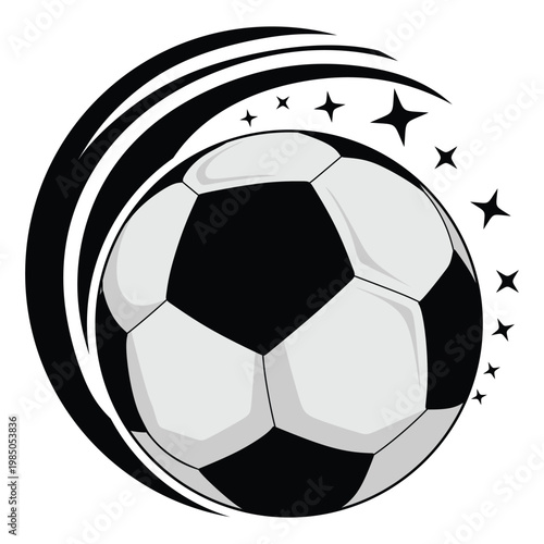 Soccer ball logo with dynamic swoosh and stars, isolated on white background.
