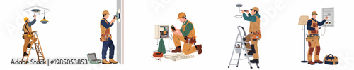 Collection of professional electrician characters performing various electrical installations, repairs, and maintenance tasks, isolated on white background.