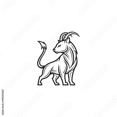 Mythical Creature Lion Goat Hybrid Line Art.