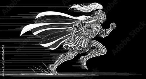 Dynamic medieval knight in full armor sprinting with a flowing cape and speed lines illustration