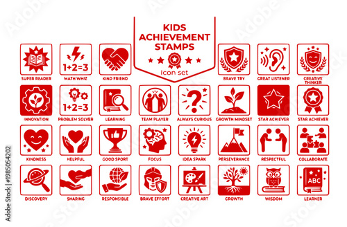 Kids Reward Achievement Stamp Icon Set Super Reader Math Whiz Kind Friend Great Listener Brave Try Problem Solver Creative Thinker Team Player Always Curious Growth Mindset