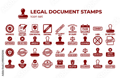 Legal Document Status Stamp Icon Set Notarized Seal Certified True Copy Privileged Confidential Void Settlement Received by Court Filed Date Exhibit Label Do Not Copy Draft
