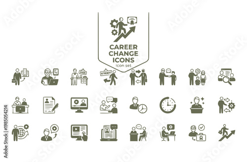 Older Worker Career Change Icon Set Over-50 Return Silver Entrepreneur Retirement U-Turn Encore Career Pivot Older Mentor Multigenerational Team Late Reskilling Mature Professional