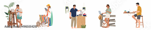 Digital nomads working remotely in tropical locations, using laptops and tablets at the beach, on vacation, flat vector illustration set.