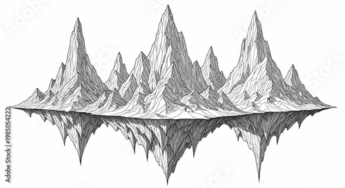 Surreal floating island landscape with sharp jagged mountain peaks and ice formations isolated on white, fantasy concept art