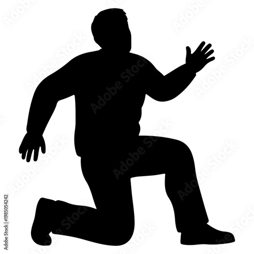 Silhouette of a man kneeling and reaching out.