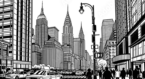 Dynamic black and white comic book style illustration of a bustling urban street with tall skyscrapers, traffic, and pedestrians