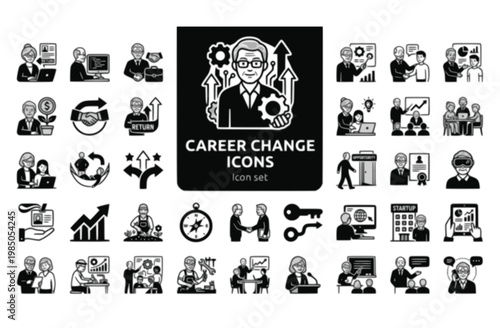 Older Worker Career Change Icon Set Over-50 Return Silver Entrepreneur Retirement U-Turn Encore Career Pivot Older Mentor Multigenerational Team Late Reskilling Mature Professional