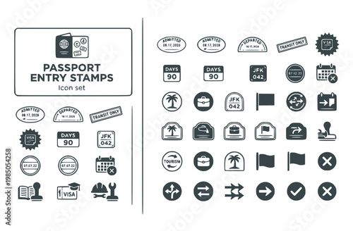 Passport Visa Entry Stamp Icon Set Admitted Entry Departure Arc Transit Only Visa on Arrival Duration of Stay Port of Entry Border Date Overstay Warning Student Visa Work Permit