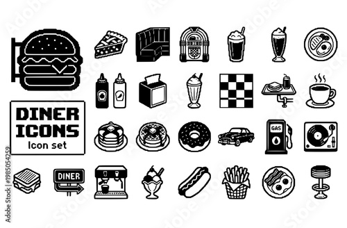 Retro Diner Americana Food Icon Set Neon Burger Cherry Pie Vinyl Booth Jukebox Root Beer Float Blue Plate Special Milkshake Cloche Car Hop Tray Coffee Cup Vector