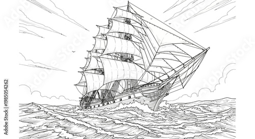 Detailed line art illustration of a majestic tall sailing ship battling colossal waves on a stormy, turbulent ocean in black and white.