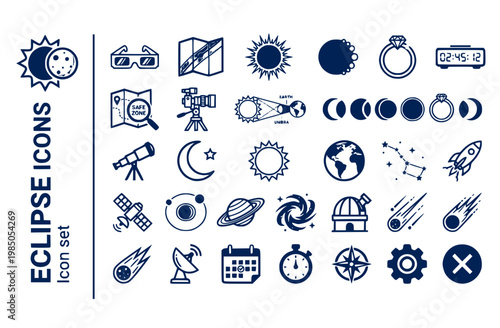 Solar Eclipse Astronomy Icon Set Eclipse Glasses Totality Path Corona Burst Bailys Beads Diamond Ring Phase Countdown Safe Zone Astro Camera Umbra Cone Phase Sequence Vector