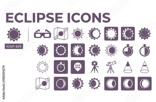 Solar Eclipse Astronomy Icon Set Eclipse Glasses Totality Path Corona Burst Bailys Beads Diamond Ring Phase Countdown Safe Zone Astro Camera Umbra Cone Phase Sequence Vector
