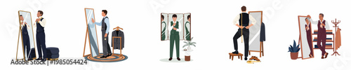 Set of flat illustrations showing elegant men in formal suits looking at themselves in mirrors at a tailor shop or dressing room.