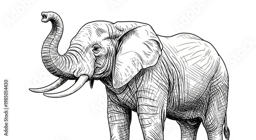 Majestic Hand-Drawn Elephant Illustration with Raised Trunk and Tusks. Detailed Wildlife Sketch of African Safari Mammal